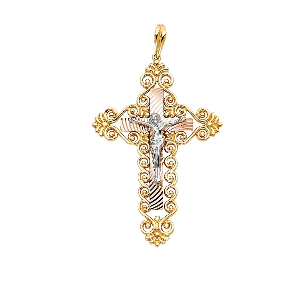 14K Tri Color Religious Crucifix Pendant